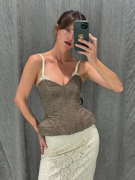 2026 Spring New Lace Patchwork Sling Vest For Women Elegant V-neck Spaghetti Strap Top Lady Chic Sleeveless Party Camisole Tank 1