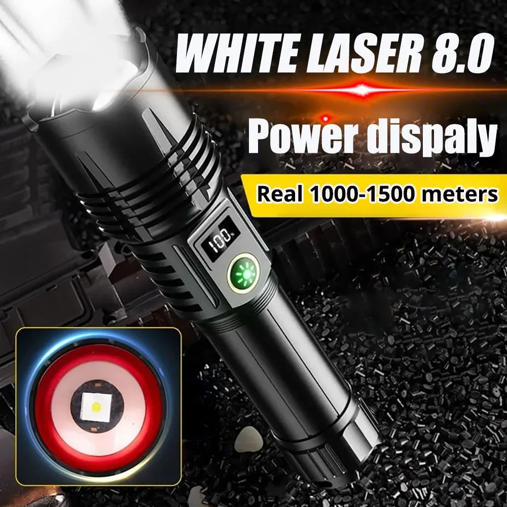 

Перезаряжаемый фонарик, 30 Вт, белый лазерный фитиль, телескопический зум, водонепроницаемый тактический телефон, цифровой дисплей