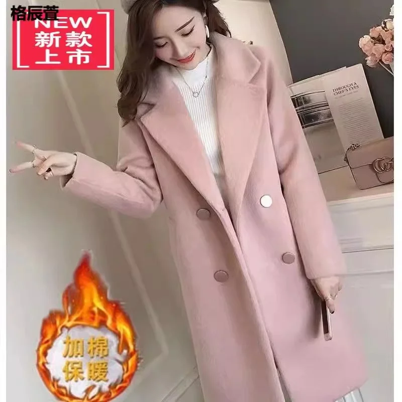 Double Breasted Wool Coat Cotton/Thickened Woolen Coat Women's Long 2024 Autumn/Winter New Korean Loose Quilted Wool Coat Female