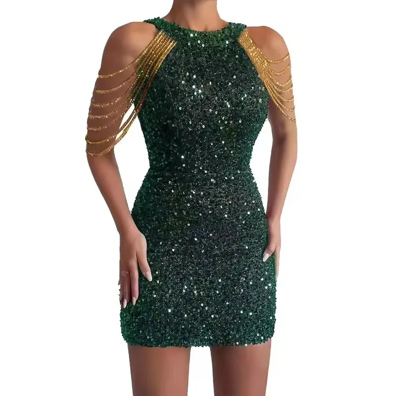 New Off Shoulder Elegant Sequin Dress Short Party Bodycon Dress Women Sexy Evening Party Birthday Dress