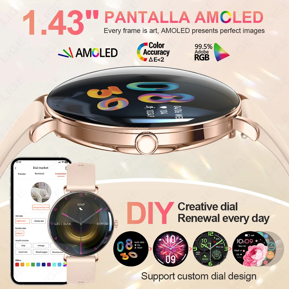 LIGE 2025 Smart Watch Men Women Ultra Thin 1.43" AMOLED Answer Make Calls Smartwatch For Android iOS Fitness Tracker Heart Rate 2