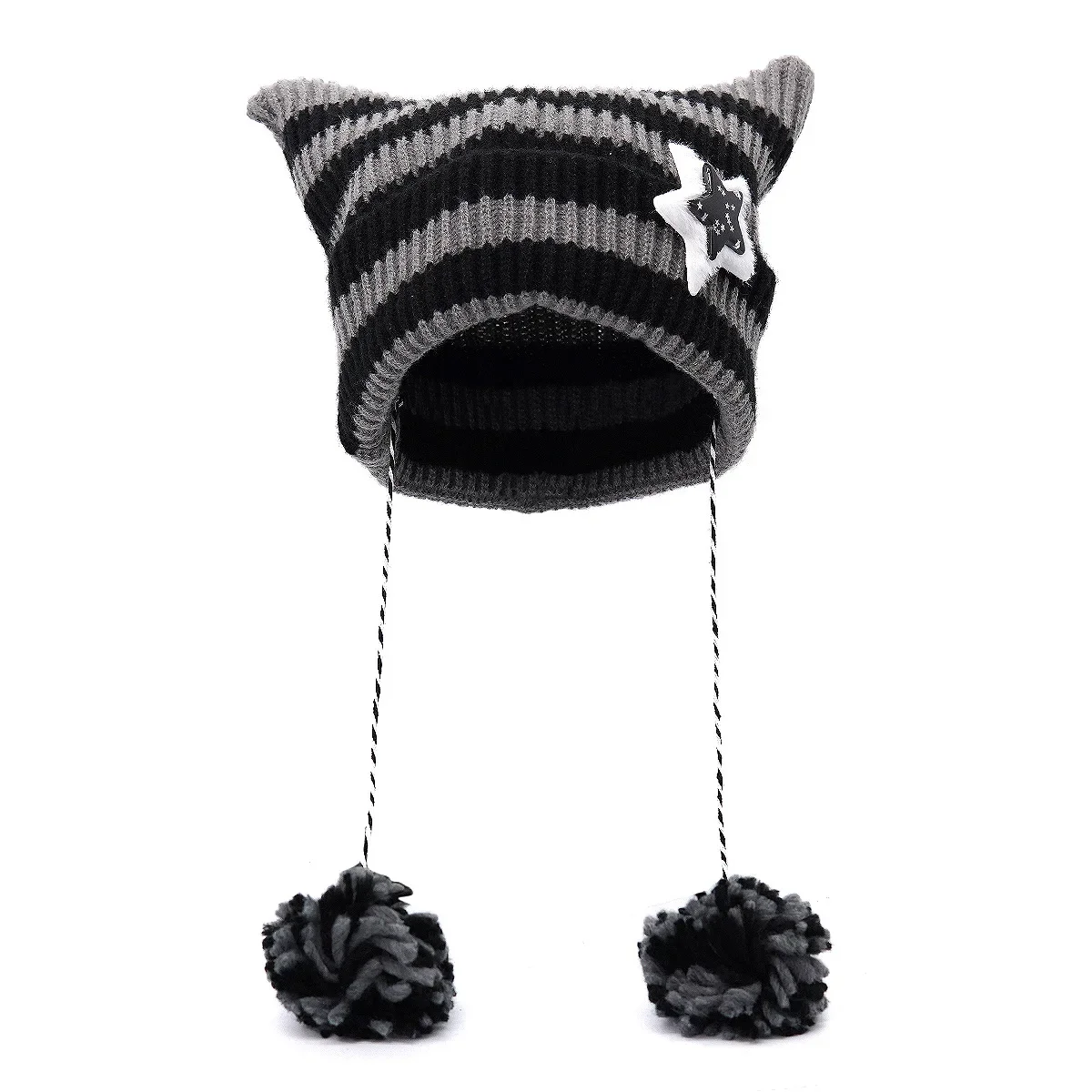 Y2K Japan Designer Handmade Pentagram Wool Beanie Hat Ladies Autumn Spring Warm Cat Ear Knit Stripe Beanie Cap with Pompom 4