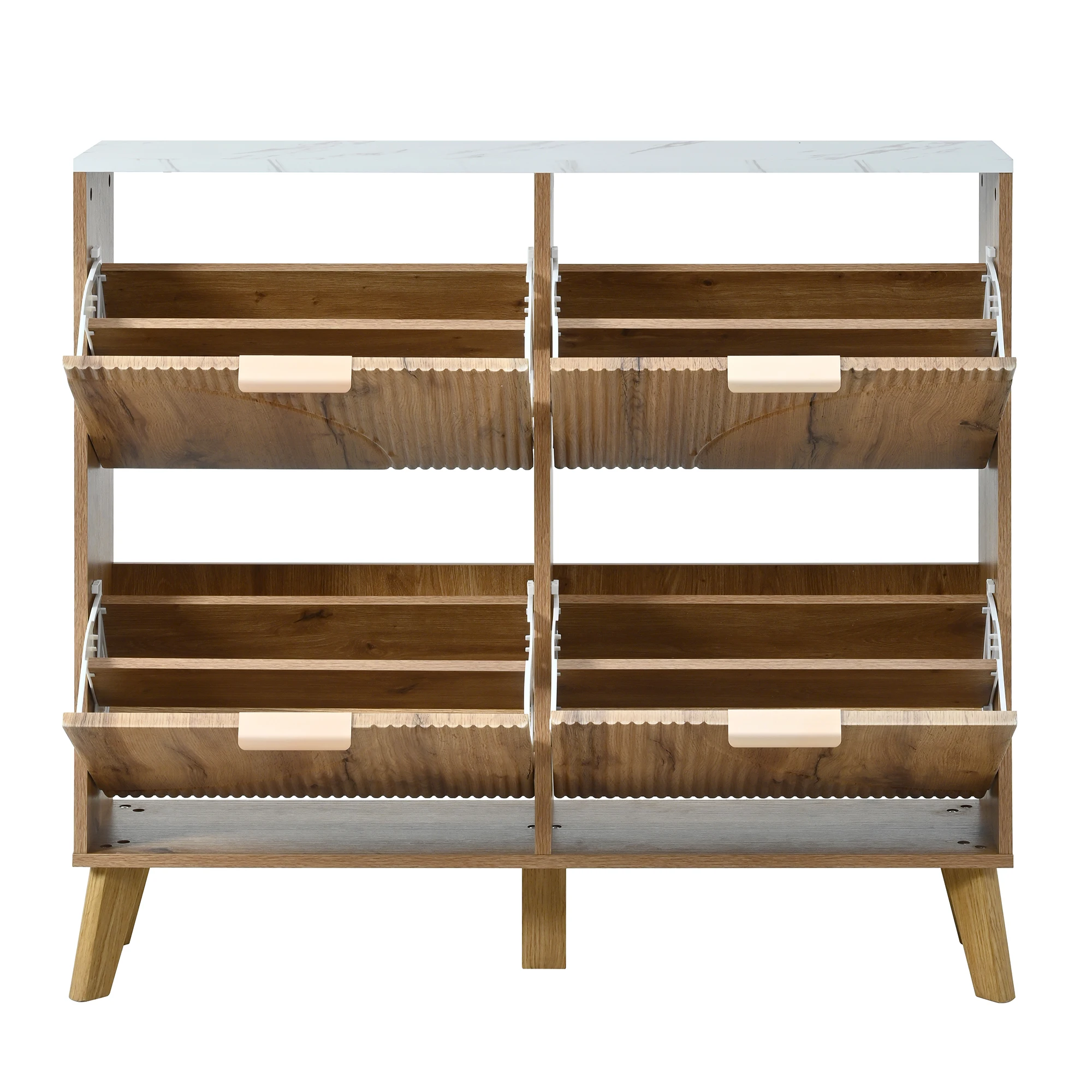 Schuhschrank mit Scharnierdeckel in Holzoptik, vier Türen, großes Fassungsvermögen, Arbeitsplatte in Marmoroptik, 3D-geprägte Türpaneele, konisch zulaufend – Detail 25
