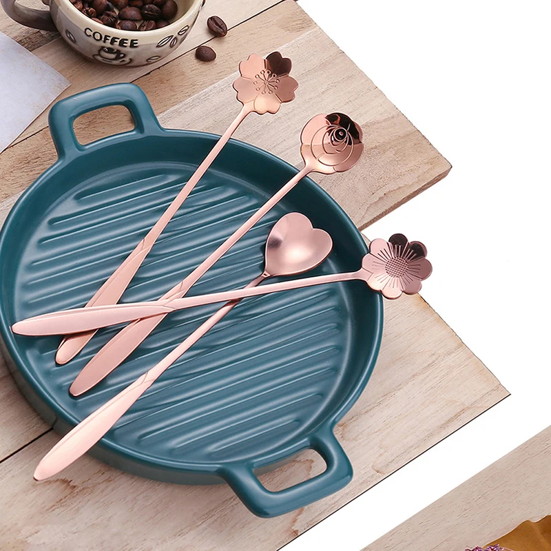 4Pcs/Set Mixing Spoons Small Flower Teaspoon Stainless Steel Coffee Spoon Cute Ice Cream Dessert Spoon Kitchen Accessories