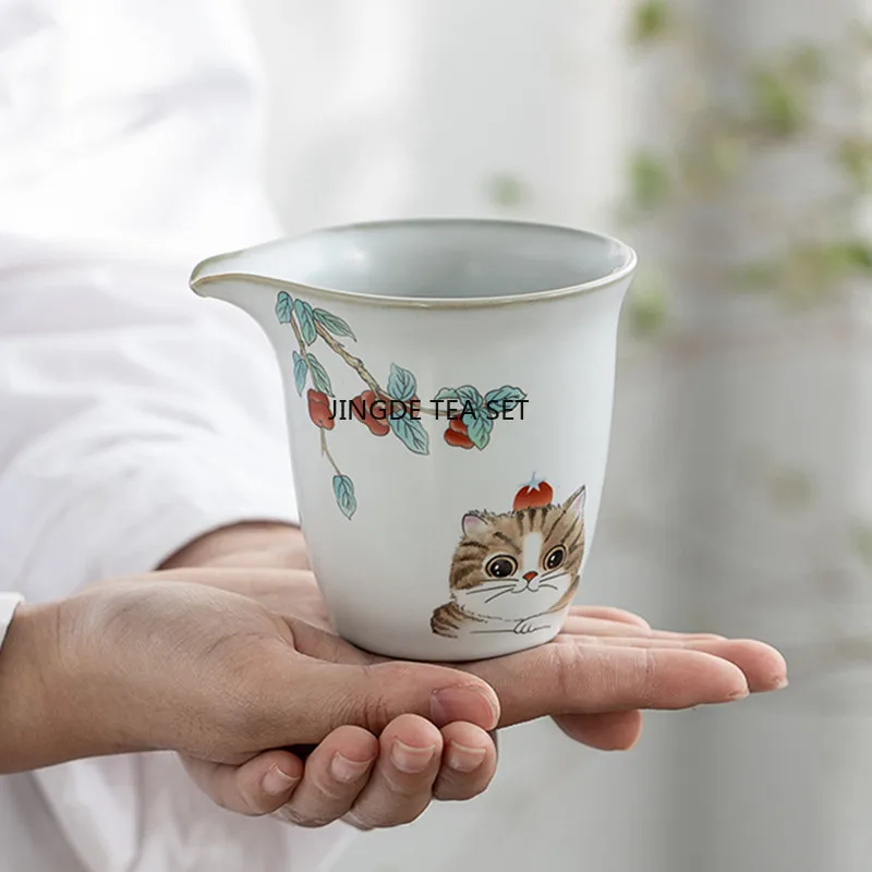 200ml Chinese Ru Kiln Cute Cat Pattern Ceramic Tea Cup Beauty Tea Handmade Kung Fu Tea Set Accessories