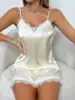 101953-348453.jpg Champagne couleur unie femmes glace soie pyjamas vêtements de nuit pyjama ensemble Satin Camisole Shorts coupe basse confortable décontracté été