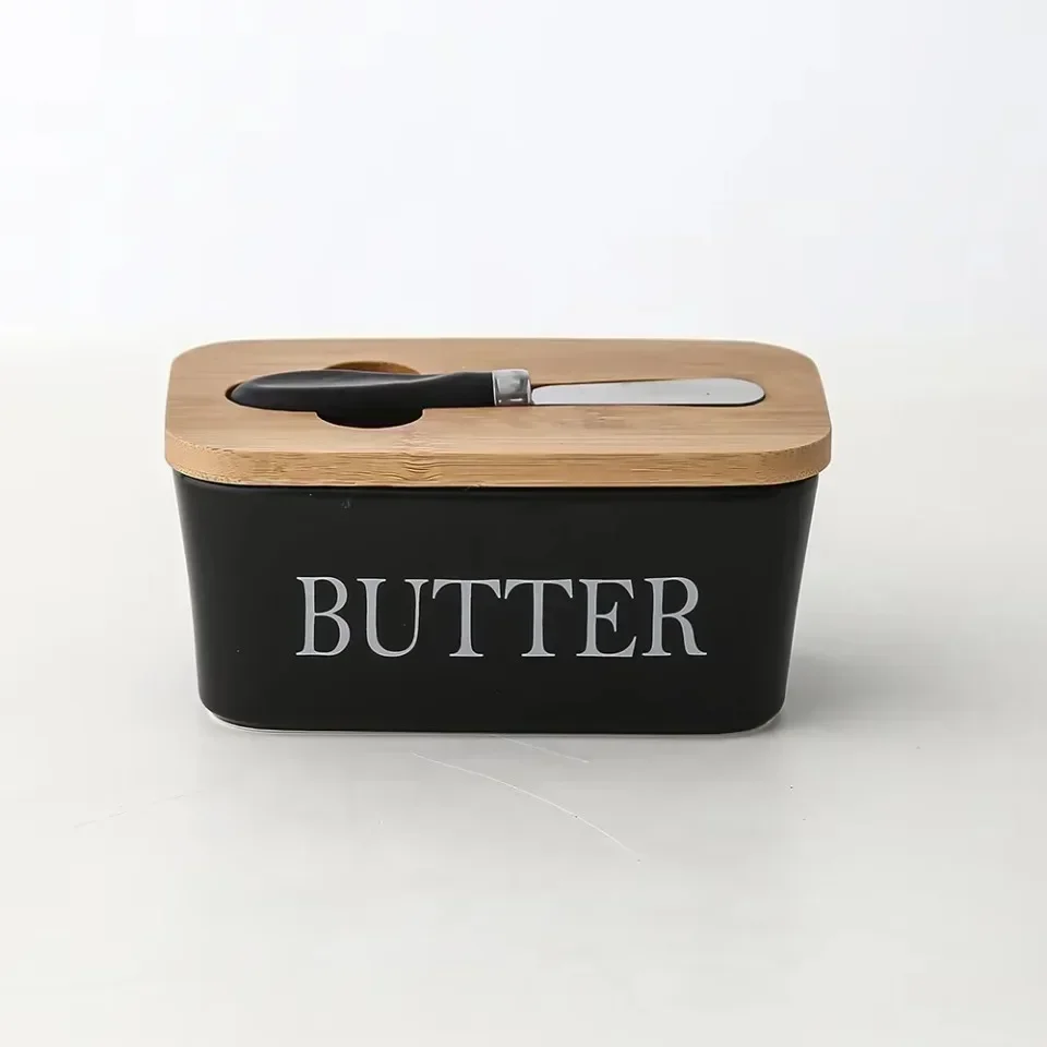 Ceramic Butter & Cheese Storage Box with Bamboo Lid Built-in Knife & Butter Slicer Kitchen Restaurant Storage Container