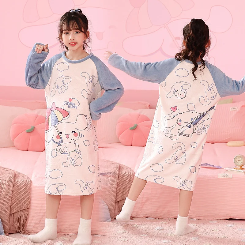 

Anime Sanrio Children Coral Velvet Nightgown Kawaii My Melody Kuromi Cinnamoroll Kids Girls Winter Warm Pajamas Dress Home Wear