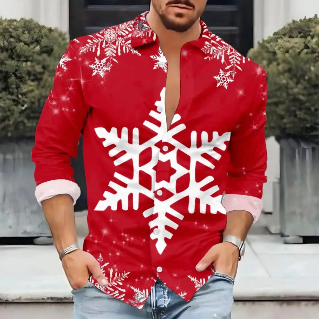 

Snowflake Hawaiian Shirts Men Fashion Shirt Christmas Long Sleeve Blouses Beach Blouse Single Breasted Camisas Unisex Blouse Red