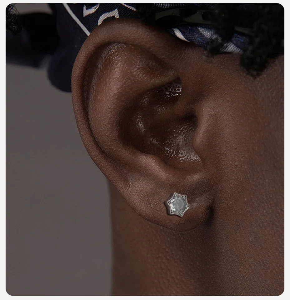 Unisex star-shaped stud earrings with zircon stones in punk style, suitable for men and women, available in black and clear silver