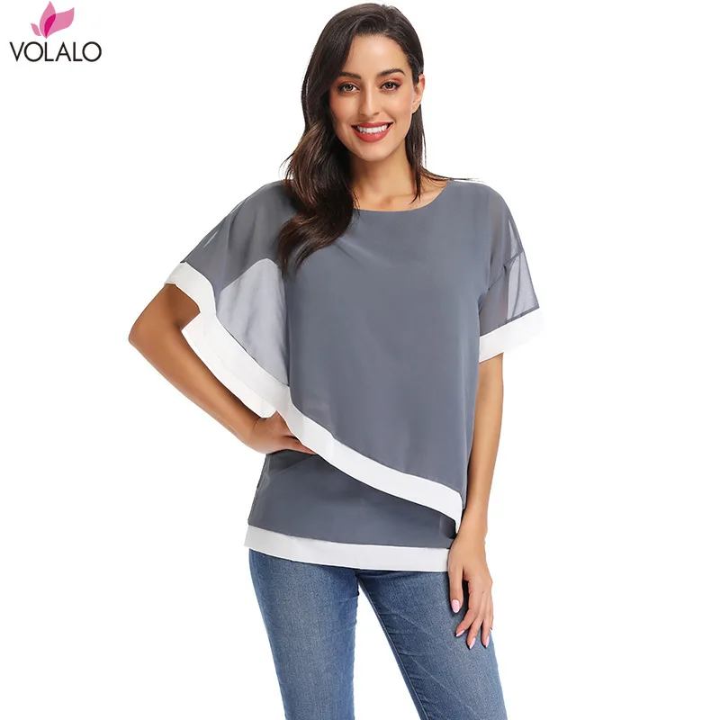 

VOLALO Chiffon Blouse 2024 New Casual Short Sleeve Women Tops And Blouses Fashion Patchwork Shirt Blusas Camiseta Mujer 5XL