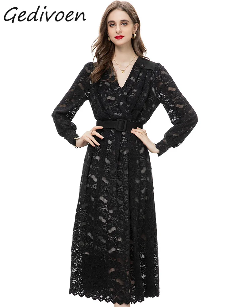 

Gedivoen Autumn Fashion Designer Black Vintage Lace Dress Women V Neck Long Sleeve Sashes Gathered Waist Slim A-LINE Long Dress