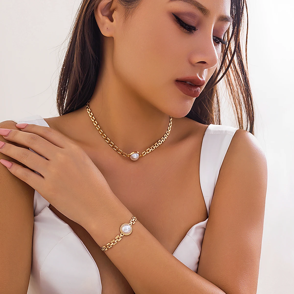 Conjunto de gargantilla y pulsera de perlas Kpop de moda para mujer - vestes novas