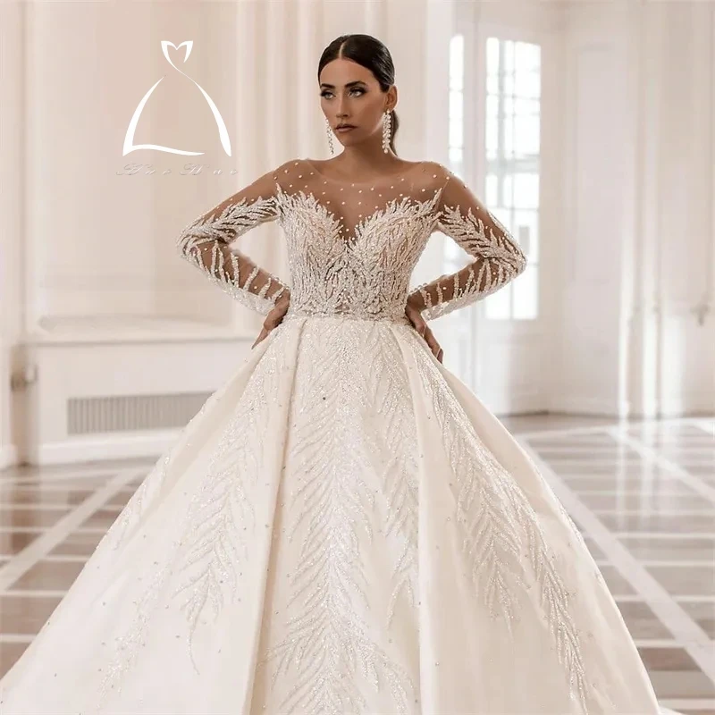 

Luxury Arabic Dubai Beads Crystals Ball Gown Wedding Dresses 2023 Vestido de Noiva Soft Tulle Long Sleeve Wedding Bridal Gowns