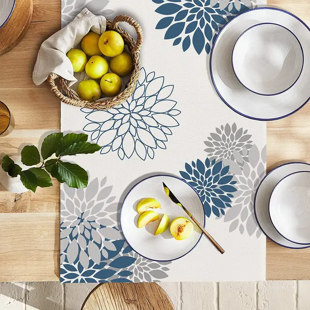 Kék Szürke Dahlia Virág Linen Asztali Runner Ünnepi Esküvői Party Dekoráció Modern Étkező Terítő - Image 4
