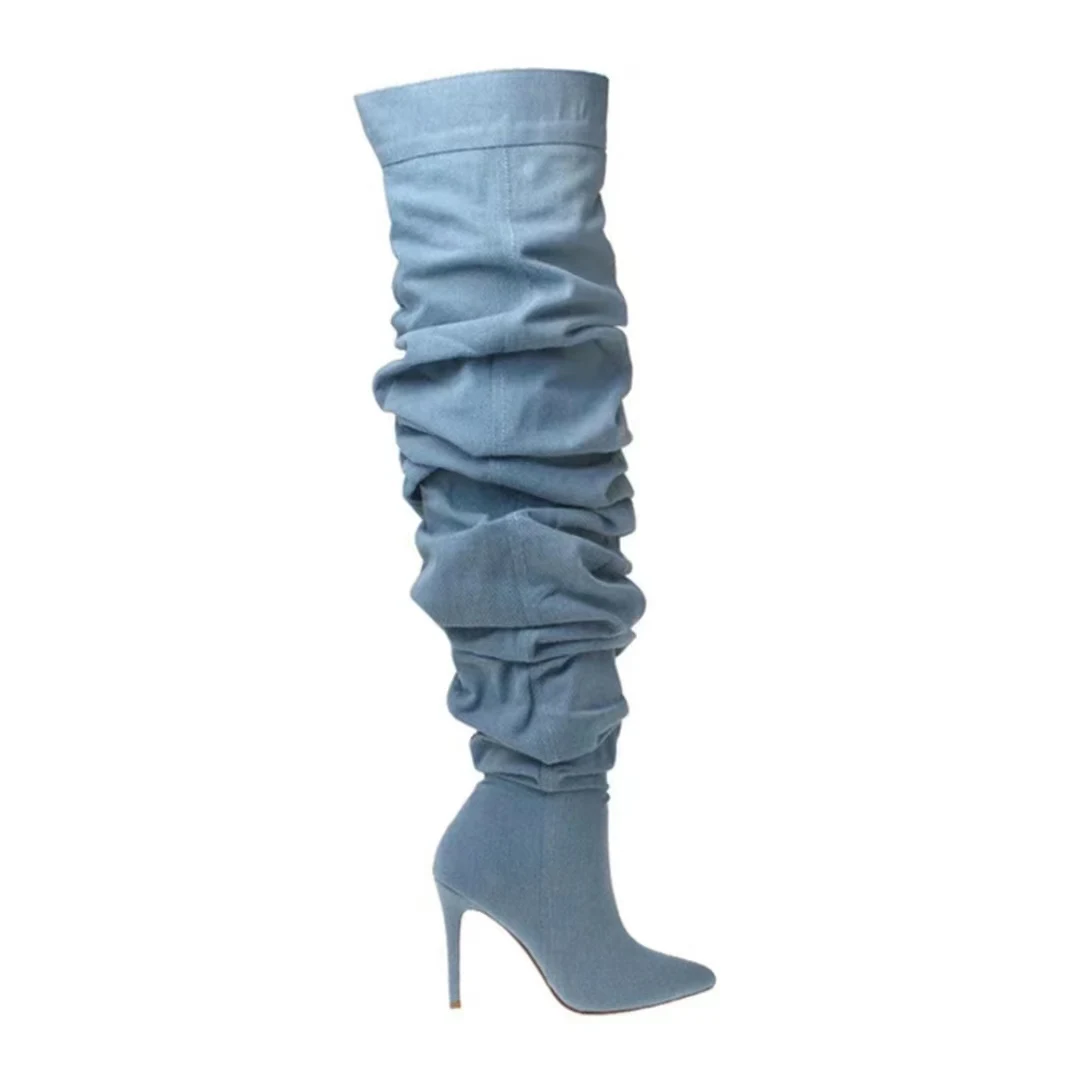 

Denim Western Cowboy Long Booties Women Fashion Slip On Thin High Heels Shoes Ladies Sexy Over the Knee High Stack Boots