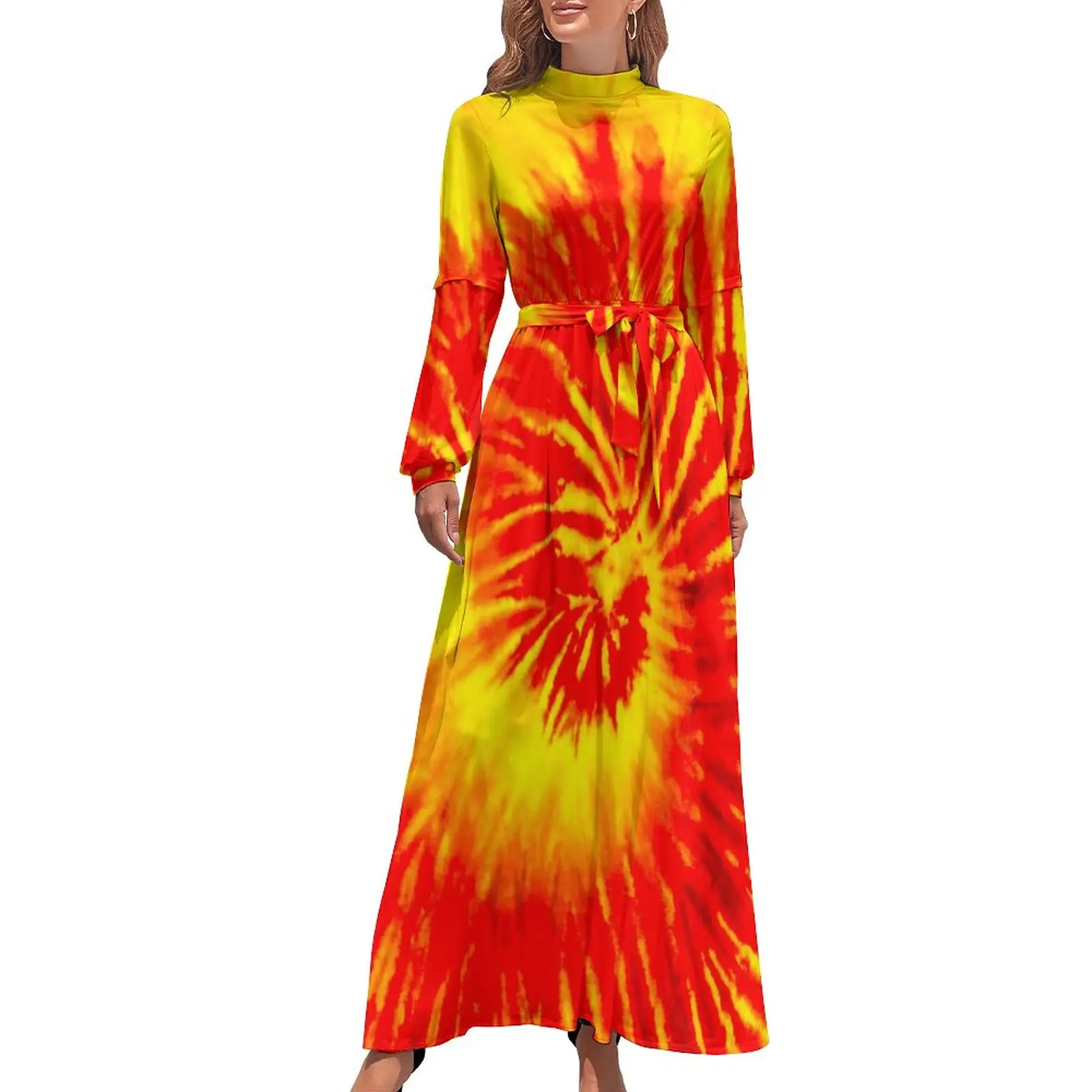 

Платье-макси с длинным рукавом, высоким воротником и абстрактным принтом