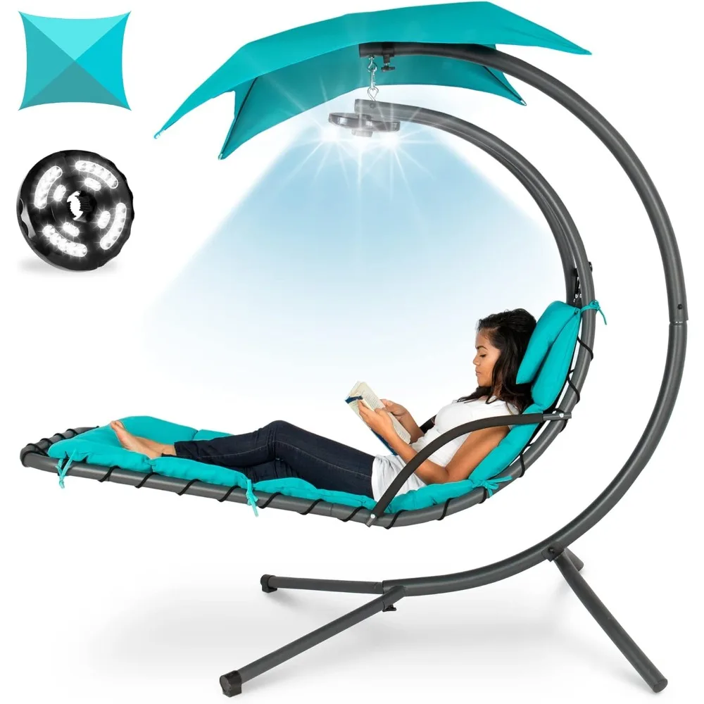 Hanging LED-Lit Curved Chaise Lounge Chair Swing for Backyard, Patio, Lawn w/ 3 Light Settings,