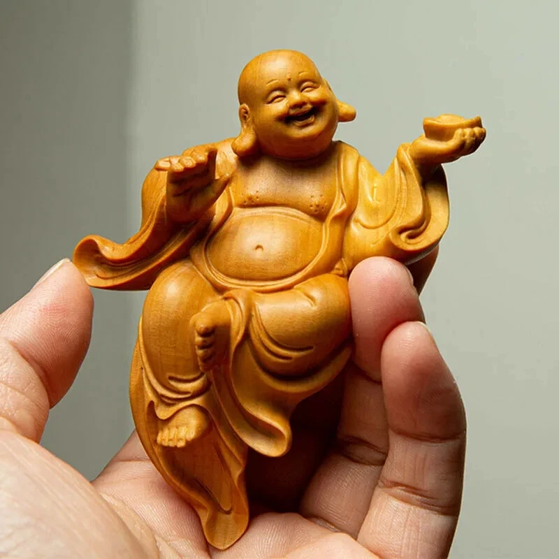

9*7*4 CM Happy Buddha Boxwood Sculpture Feng Shui Statue Lucky Living Room Home Decor