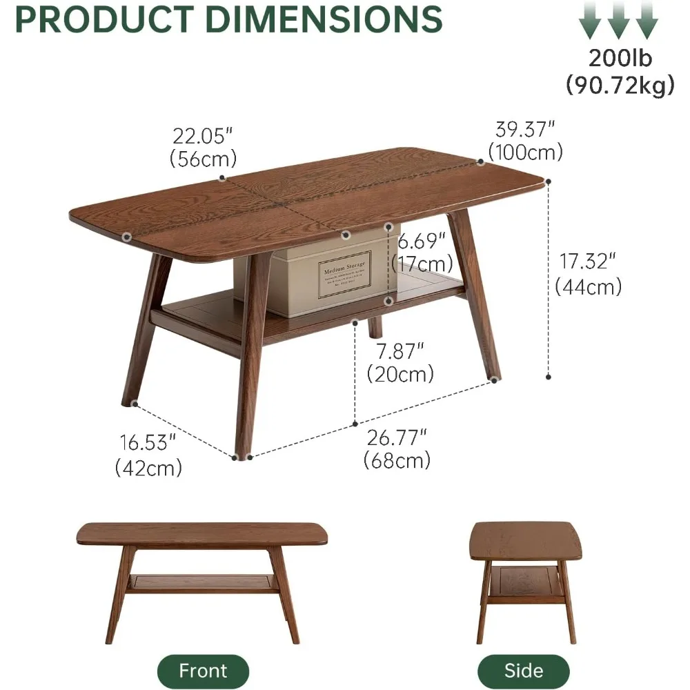 100% Solid Oak Wood Coffee Table for Living Room, Small Coffee Table with Shelf Storage, Mid Century Modern Coffee Table with Ro 2