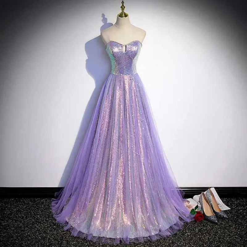 

Classic Purple Strapless Sleeveless Evening Dress Tulle Beading Floor-length Robe De Soiree A-line Backless Vestidos Elegantes