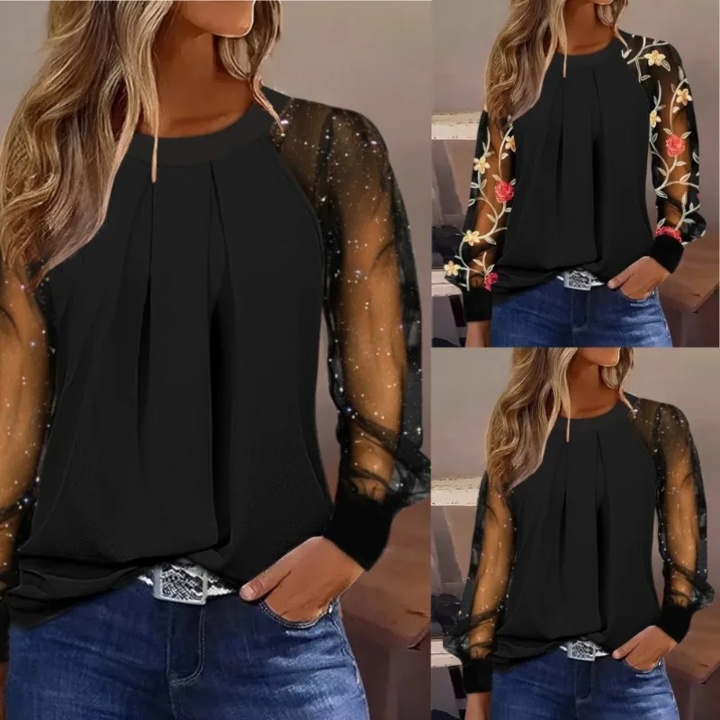 

Popular Design Autumn Long Sleeve Fashion Round Neck Lace Mesh Slim Fit Stitching Shirt Shirt Women's Clothing
