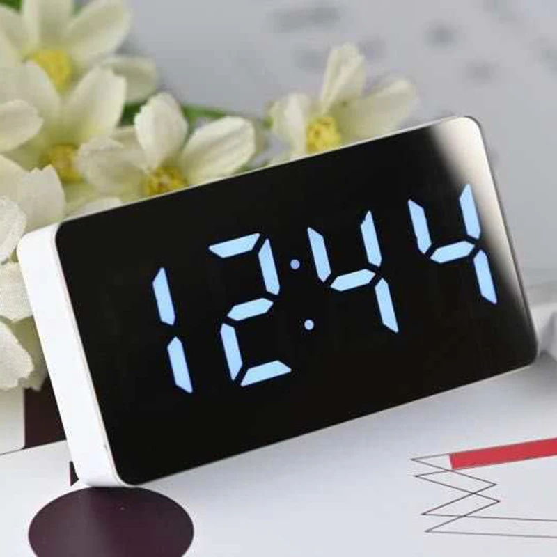 Small Alarm Clock Temperature Timer Calendar Electronic LED Mirror Modern Multifunction Portable Bedroom Device
