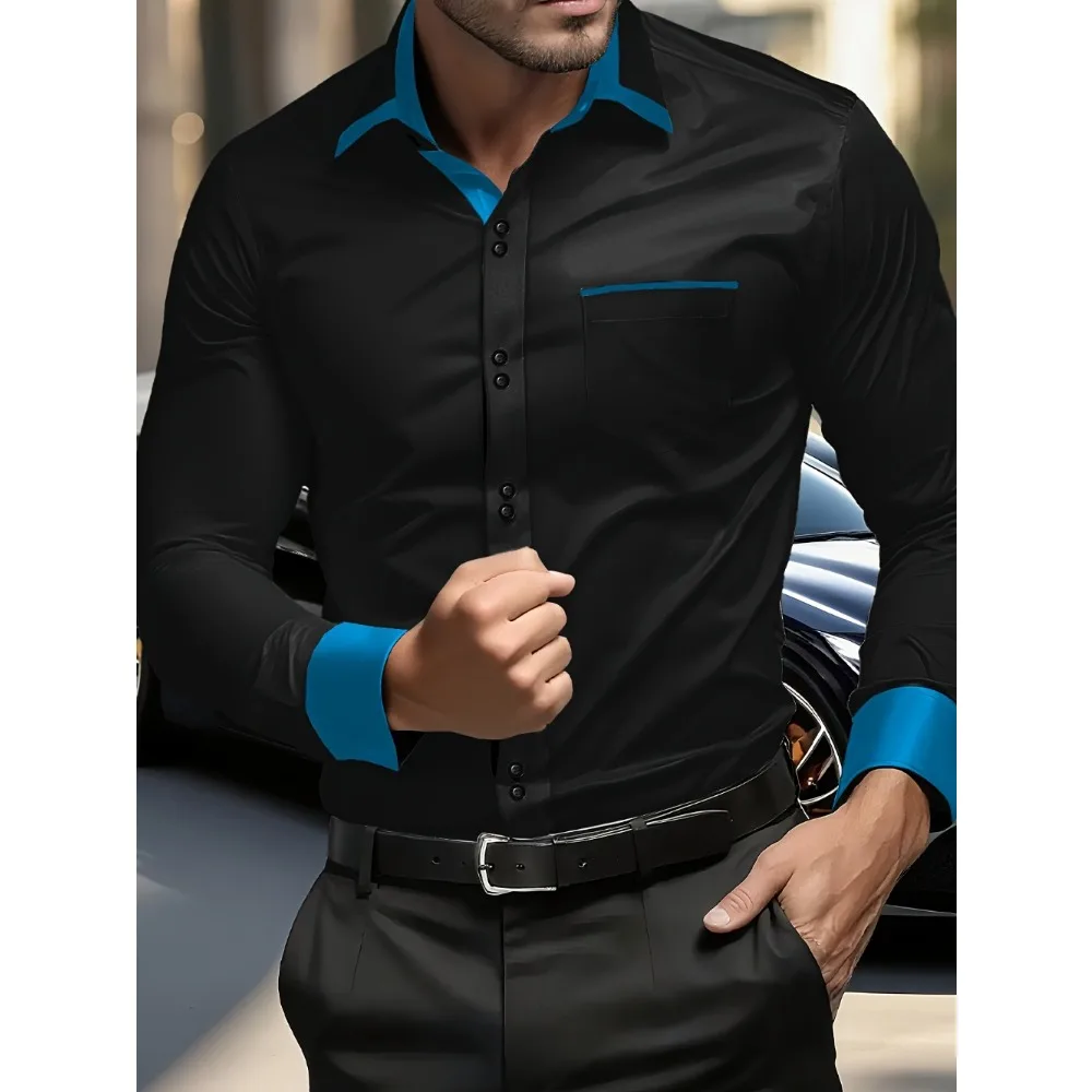 Men Shirts Long Sleeve Casual Classic Patchwork Elastic