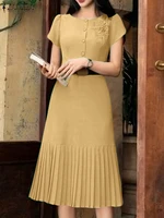 ZANZEA 2025 Women Pleated Dress Office Solid Color Sundress Fashion Short Sleeve Casual Loose Robe A-Line Party Vestidos S-3XL