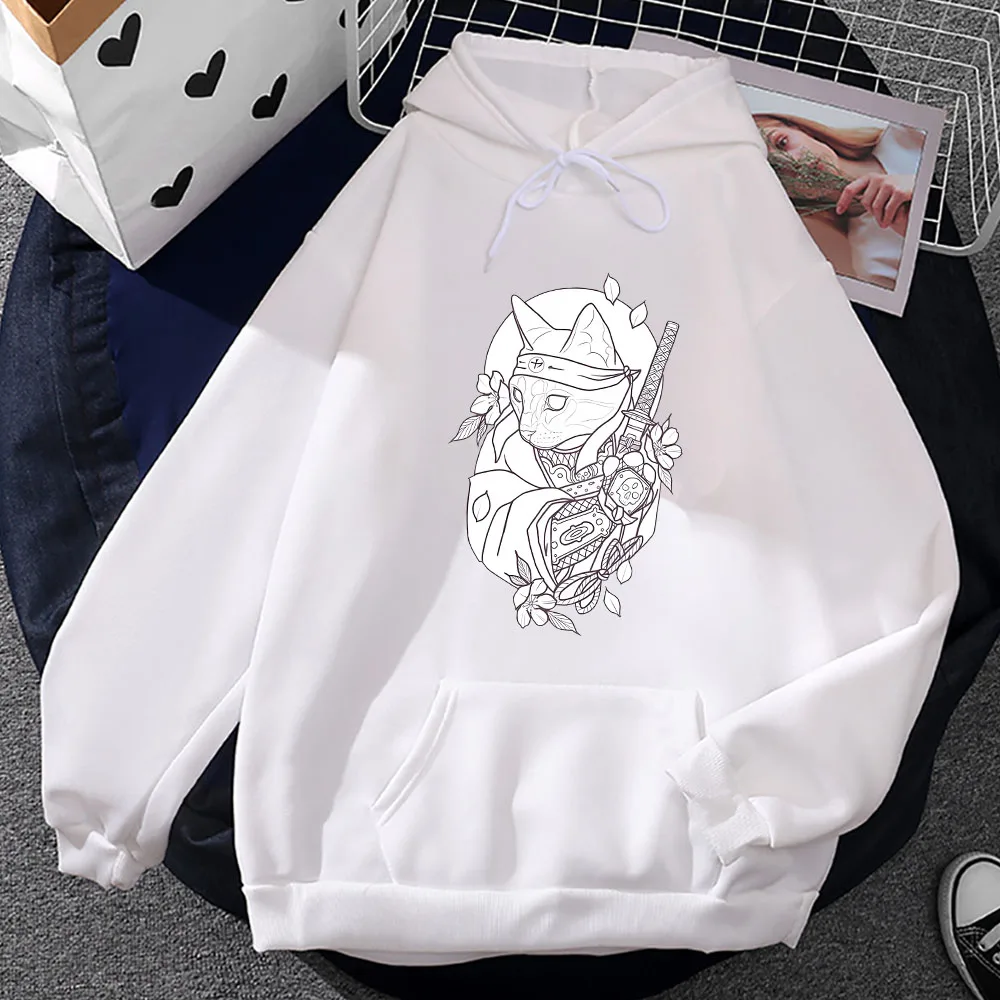 

Cool Cat Samurai Printing Hoodies Winter Long Sleeve Tops Oversized Fleece Sweatshirts Men/women O-neck Pullovers Unisex Clothes