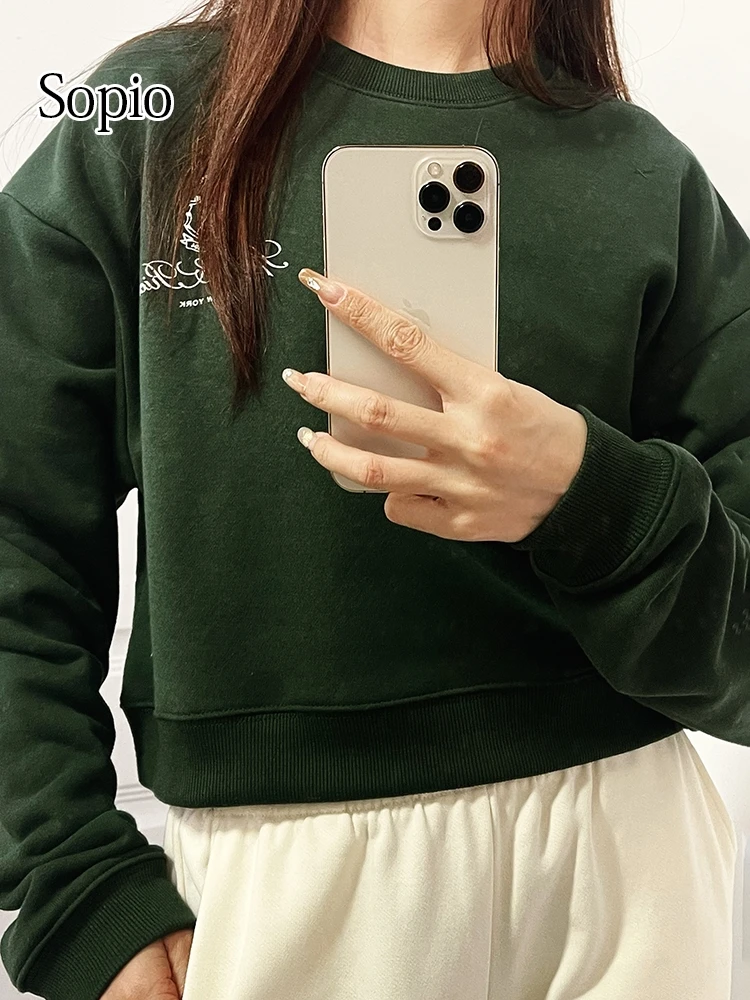 

Crown Letter Fashon Plushed Women Sweatshirts 100% Cotton Round Neck Female Pullover Tops Navy Green Classic Sporty Hoodie