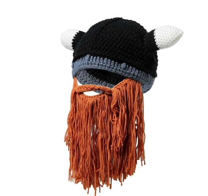 Hot Sale Men's Barbarian Vagabond Viking Beard Beanie Horn Hats Handmade Winter Warm Birthday Cool Gifts Funny Gag Halloween CaP