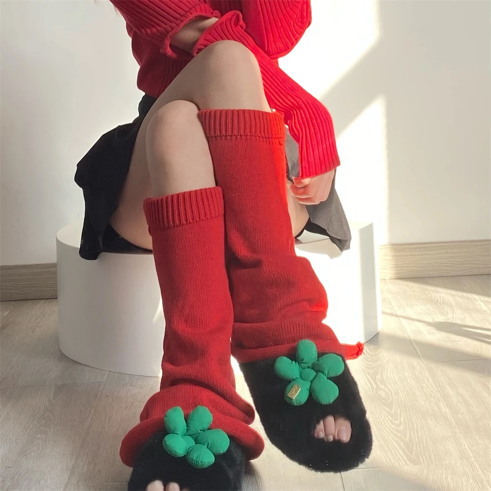 Women's Red Leg Warmers Long Wool Knitted Foot Cover Fashion Winter Leggings Socks Japanese Y2K Boot Cuffs Cosplay Accessories