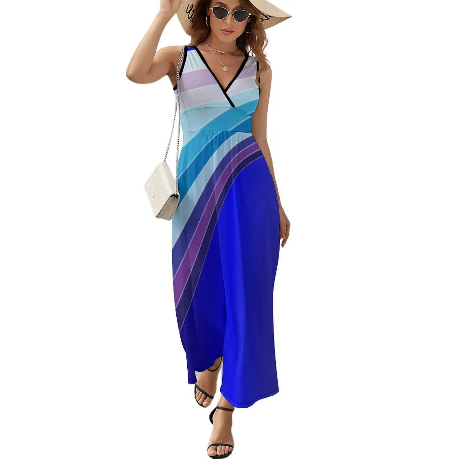 

65 MCMLXV Retro 70s Disco Blue Streaks of Light Pattern Sleeveless Dress Woman clothing women's fashion dresses
