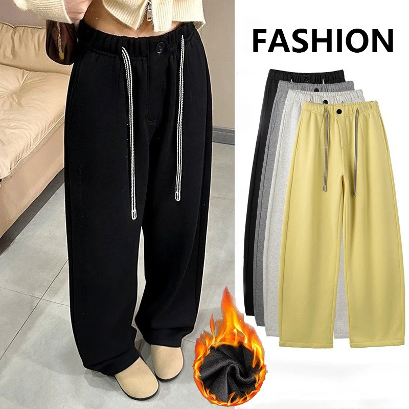 Winter Women Streetwear Baggy Fleece Pants Lady High Waist Snow Warm Plush Trousers Girls Slim Fit Daily Thermal Pants