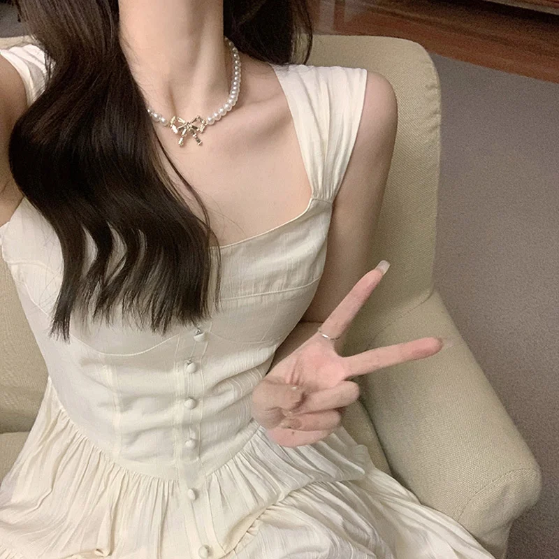 Summer Aesthetic White Sweet Dress Women Korean Vintage Slip Princess Slim Waist Dresses Elegant Ruffle High Waist Skirt 2
