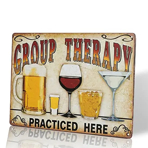 dingleiever-Group Therapy Practiced Here TIN Sign Alcohol Beer Wine Home Bar Wall Decor