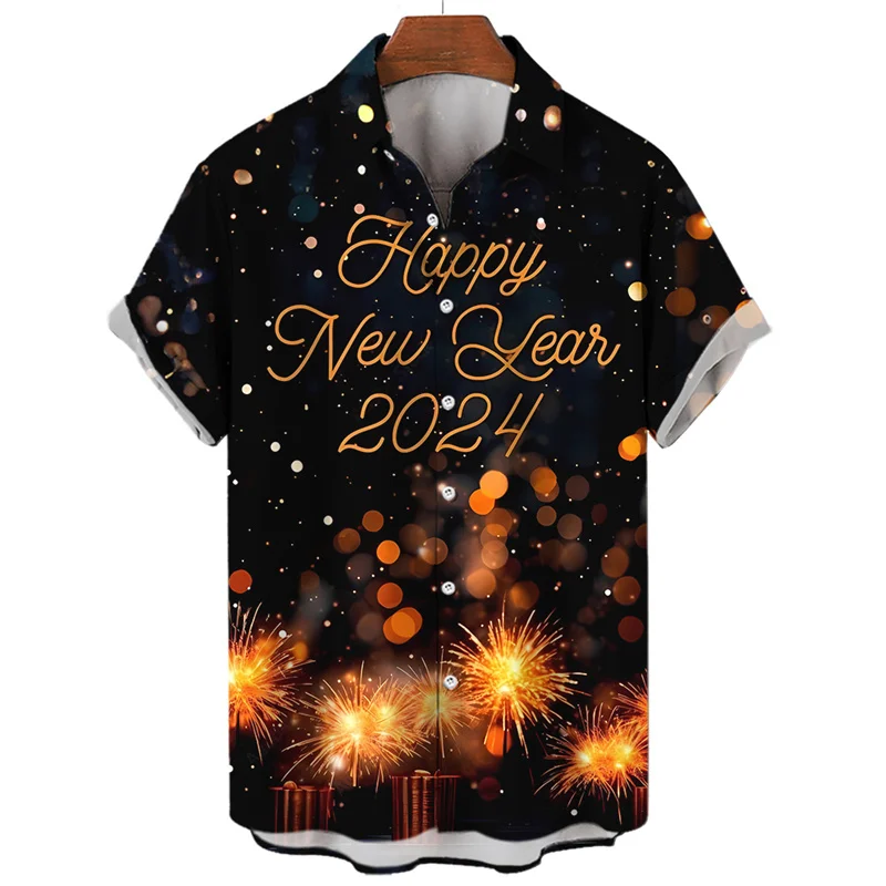 thumbnail image 1 of Camisa hawaiana con estampado 3D de fuegos artificiales de Feliz Año Nuevo para hombre, camisas de manga corta con solapa para vacaciones de verano, blusas casuales cómodas y elegantes, ropa, 1 of 5