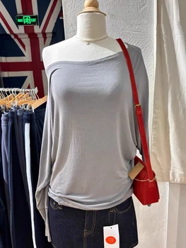Long Batwing Sleeve T-shirts Woman Sexy Slash Neck Cotton Tee Shirts Female Casual Simple All-match Tshirts New Y2k Tops 1