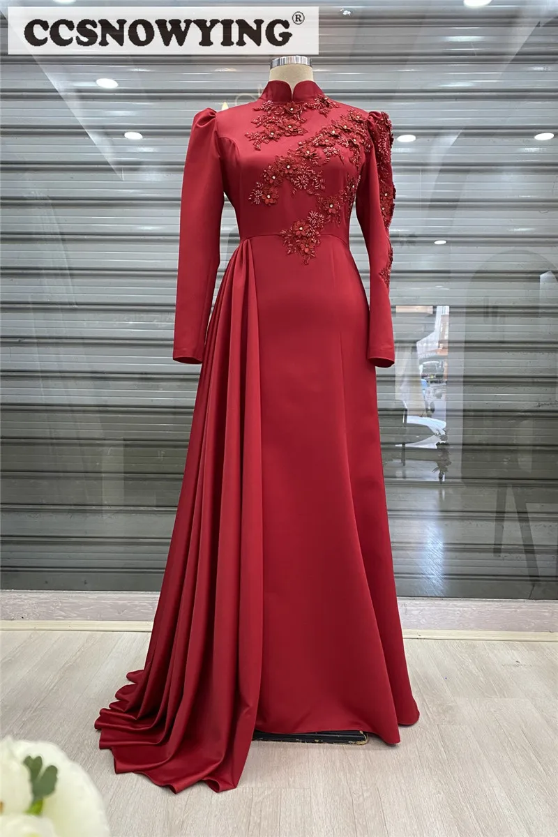 

Красное мусульманское вечернее платье с длинным рукавом, атласное платье с аппликацией и высоким воротом, исламский хиджаб, бальное платье для официальной вечеринки, арабское дубайское платье для вечеринки