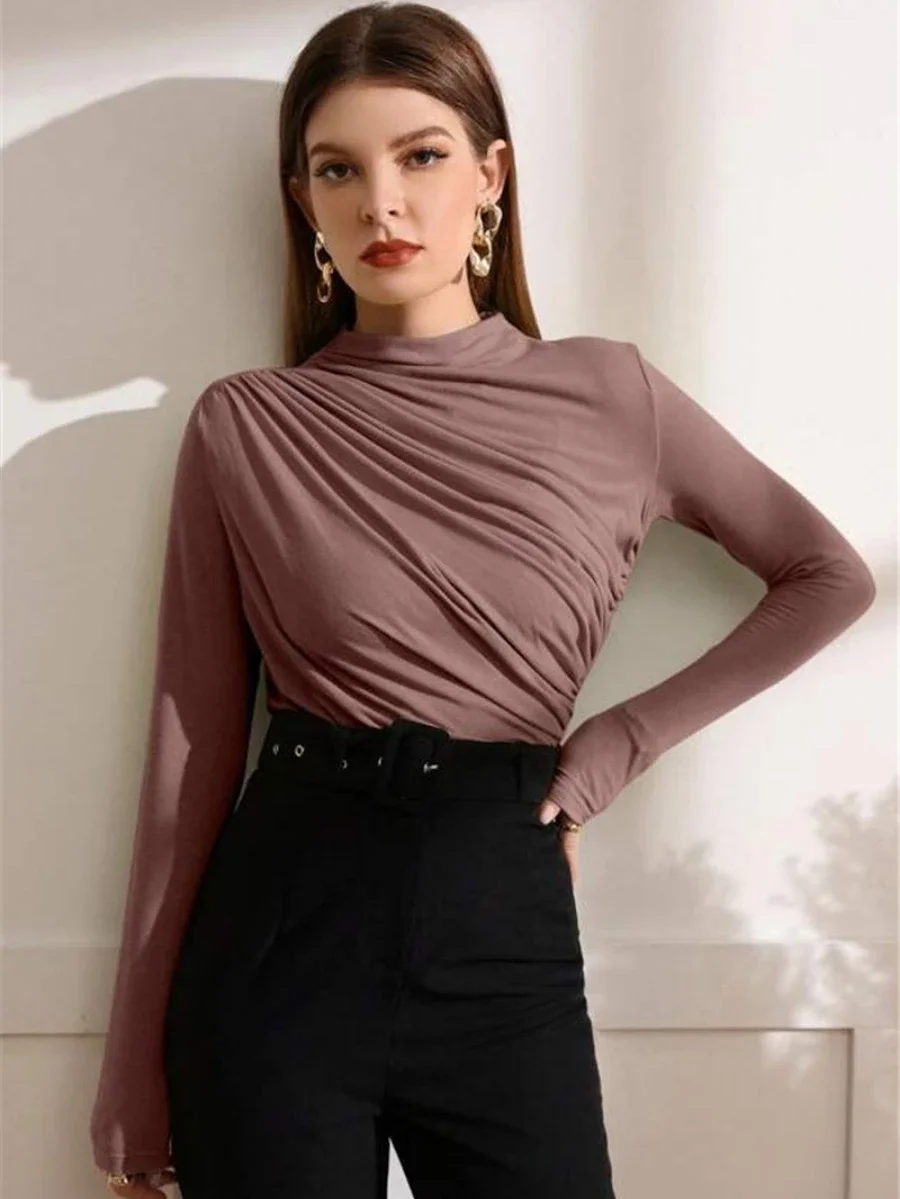 Bornladies Women's Fashion Pleated Long Sleeves Stylish Office Lady Slim Fit Solid Color T-shirt Autumn Winter Female Base Top