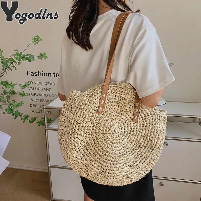 Simple Straw Woven Tote Bag Summer Beach Fashion Handbag Shoulder Bag
