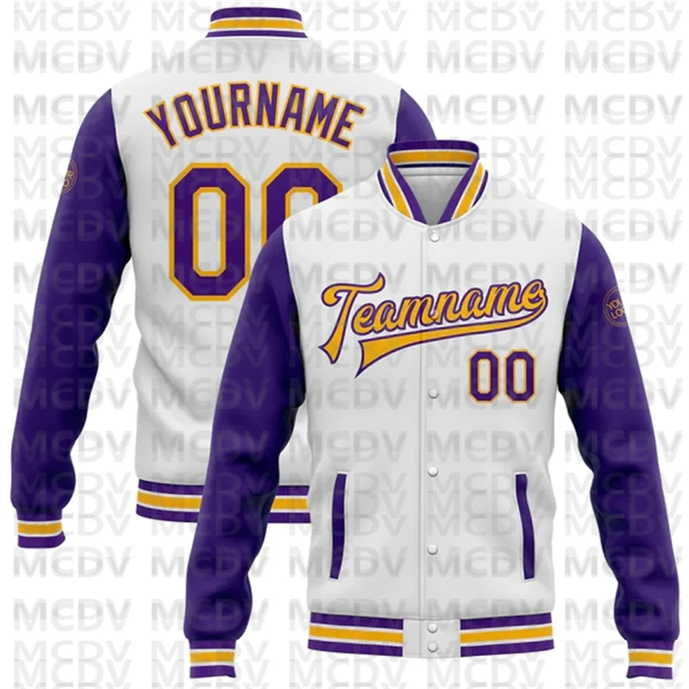 

Custom White Purple-Gold Bomber Full-Snap Varsity Letterman Two Tone Jacket