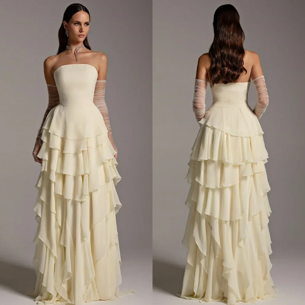 Customized Sexy Chiffon Pleat Tiered A-line Strapless Long Dresses Bespoke Occasion Dresses Classic Exquisite Modern Style Pastr