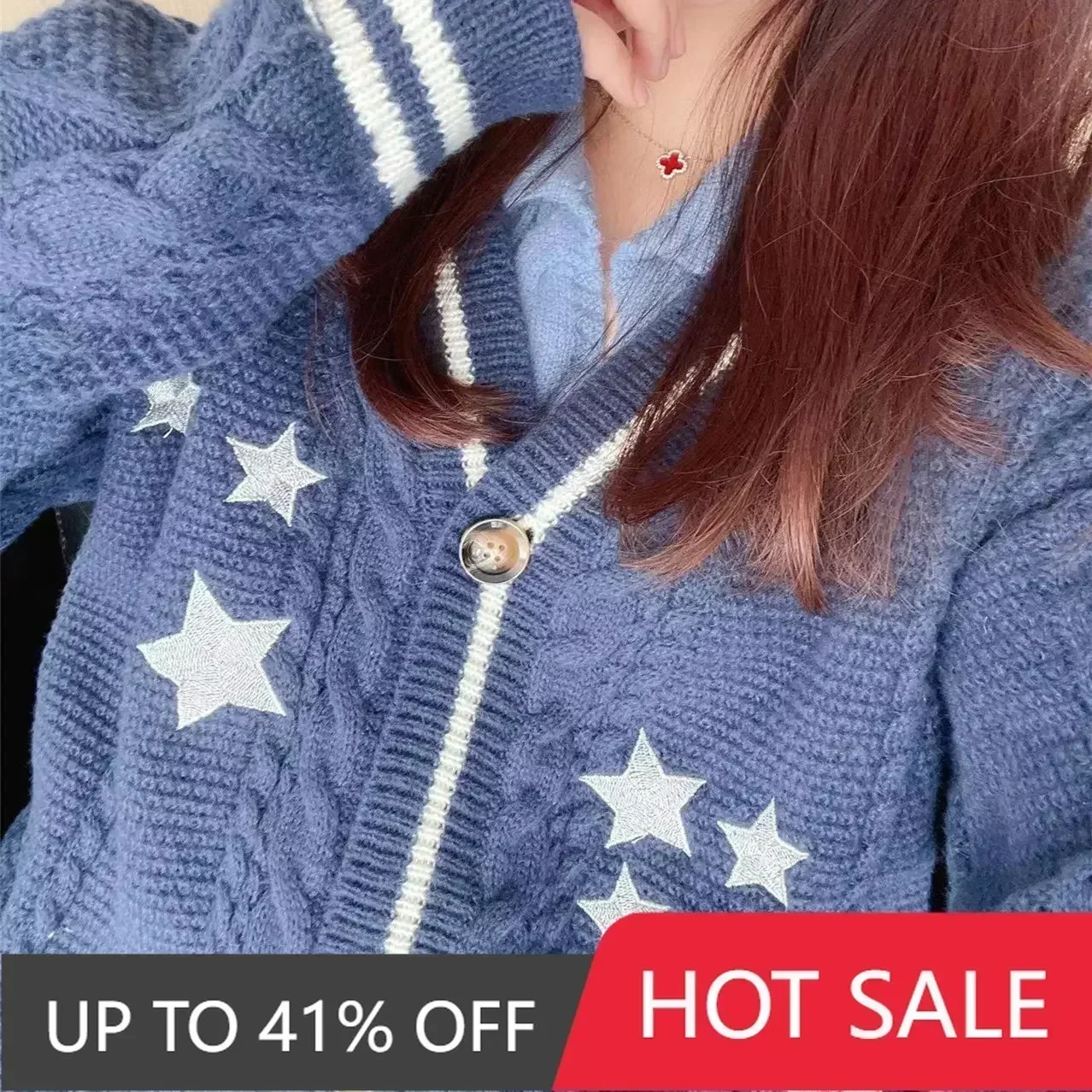 여성용 스타 자수 미드나잇 블루 코튼 니트 가디건, 따뜻한 루즈핏 스웨터, Y2k 여성용 가디건, 가을 겨울