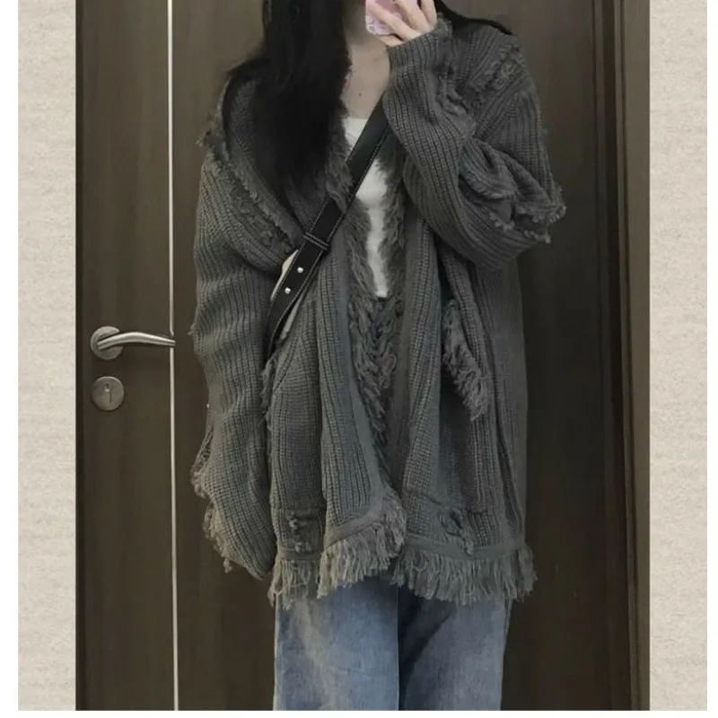 QWEEK 여성용 빈티지 스웨터, 하라주쿠 패션 점퍼, 오버사이즈 가디건, 한국 스트리트웨어, 니트 그레이 스웨터, 가을 시크, 신상