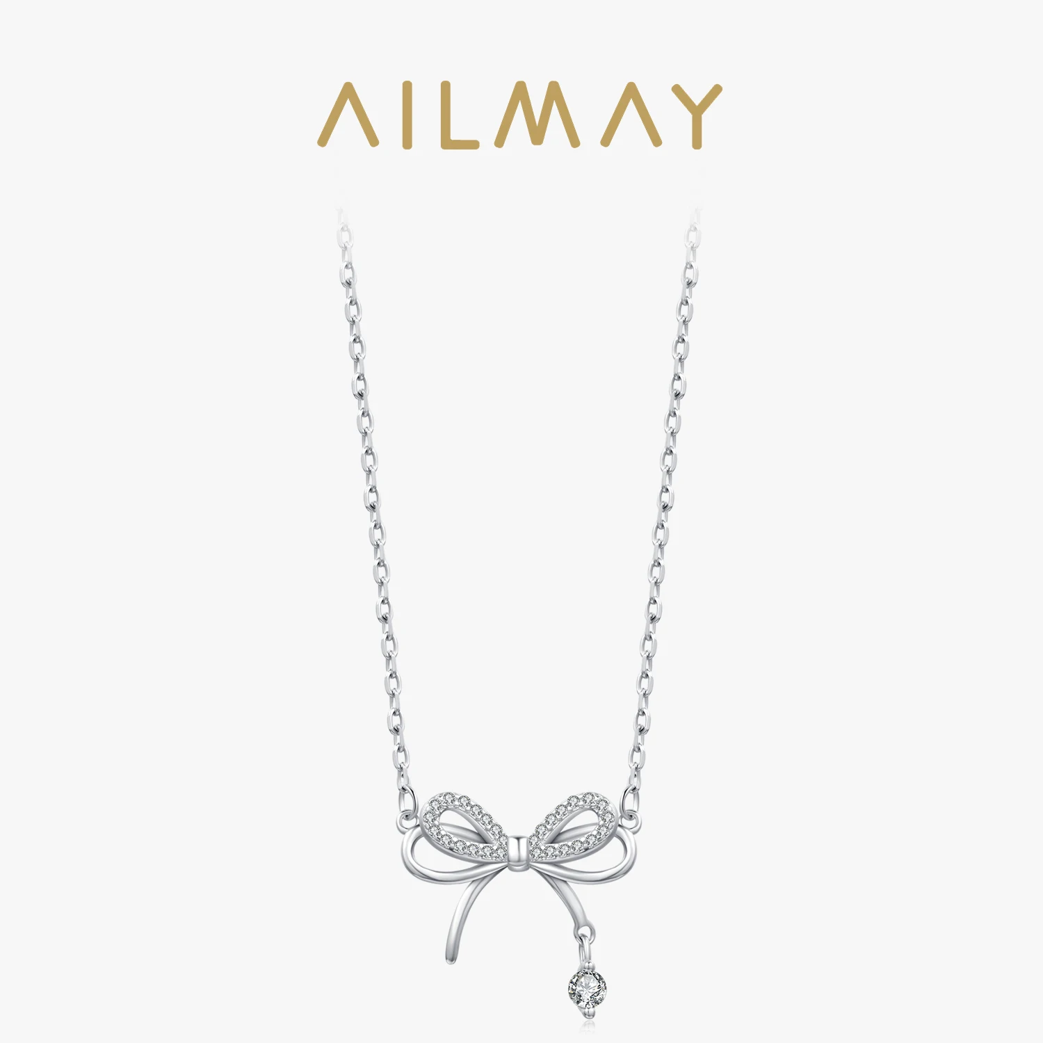

Ailmay Authentic 925 Sterling Silver Fashion Elegant Shiny CZ Bowknot Pendant Necklace For Women Romantic Wedding Jewelry Gifts