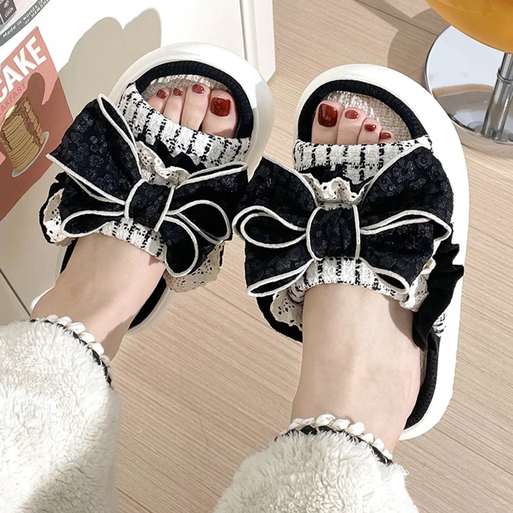 

Winter Women Cute Linen Slippers Thick-soled Bowknot Home Flip Flops Non-slip Soft Floor Slides Girl Sandals Shoes Platform