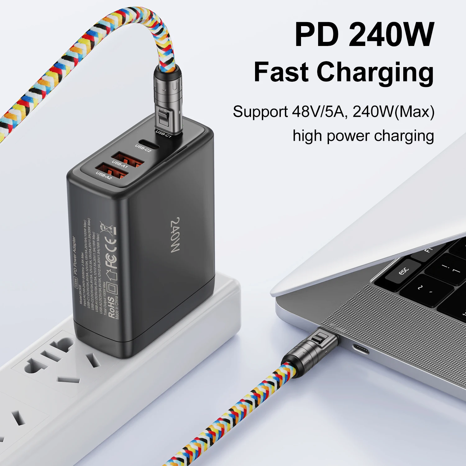 USLION 5A Fast Charging Type-C Data Cable PD240W Crossbody Neck Strap 120CM 1.2M Mobile Phone 2 in 1 Braided Lanyard Cable