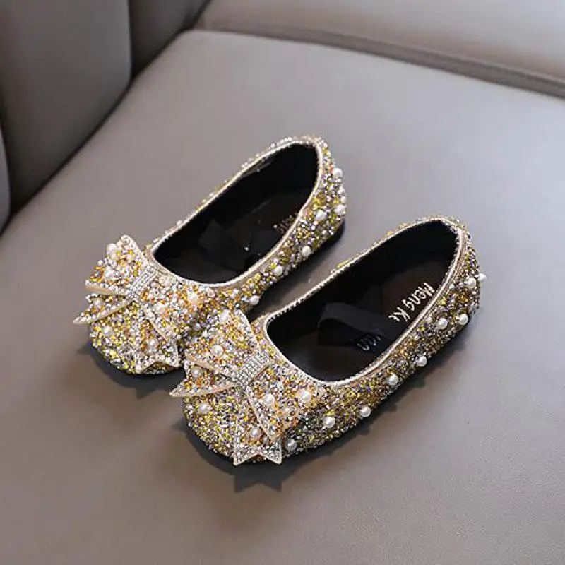 Children's Flats Kid's Single Shoes Fashion Girls Pink Rhinestone Bow Silver Princess Shoes for Students Baby Party girls shoes girls flats